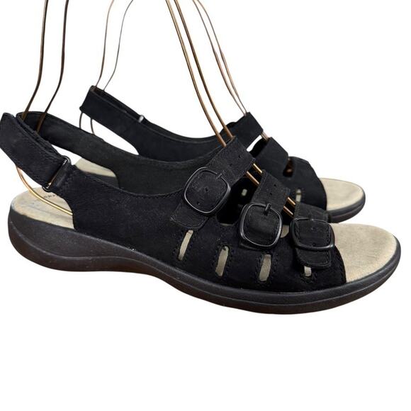 Clarks Saylie Quartz Black Leather Wedge Ultimate Comfort Slingback Sandals 10 - Picture 1 of 16